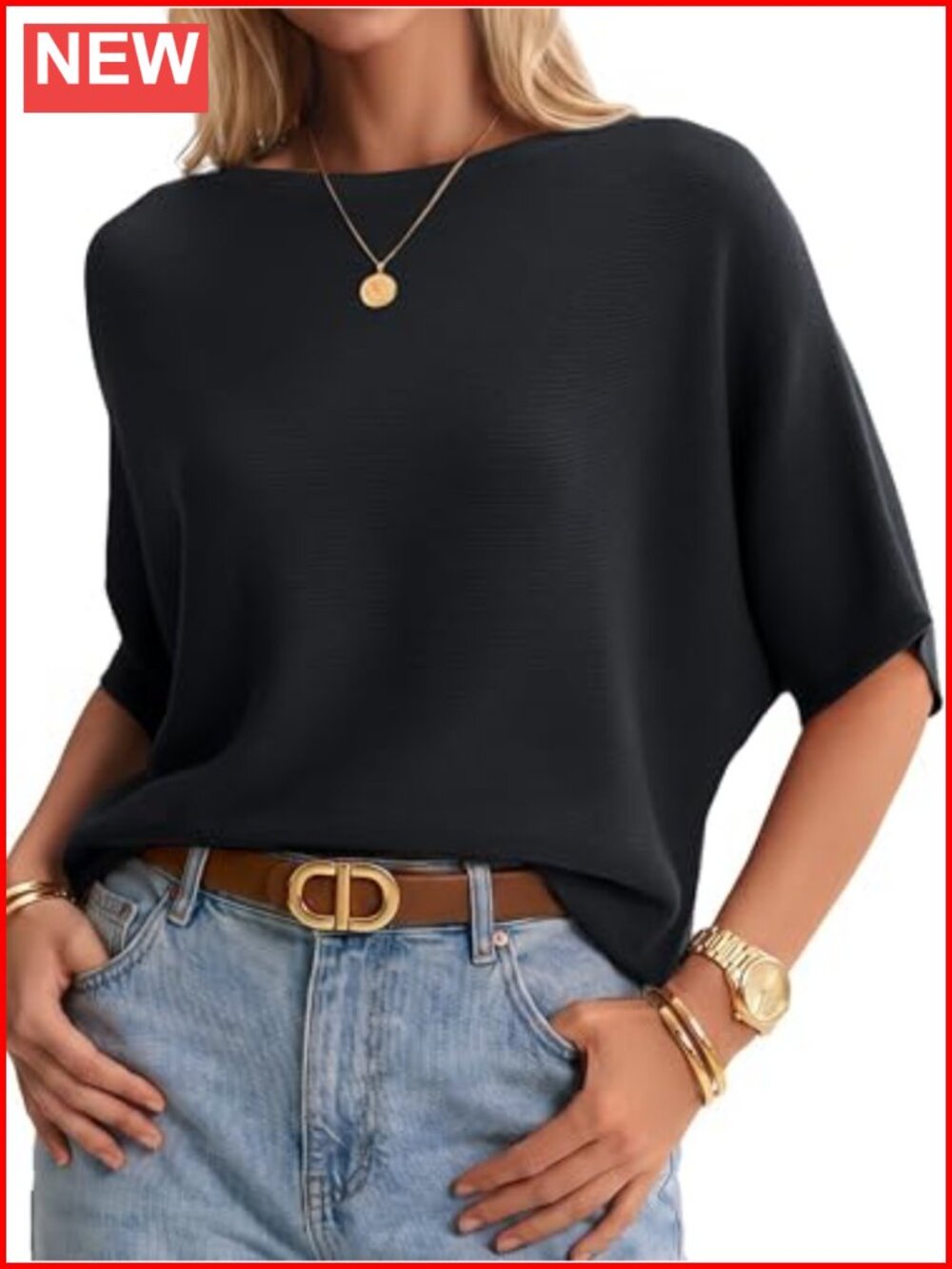 Oversized Batwing 3/4 Sleeve Boat Neck Cotton Sweater Pullover Business Casual